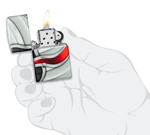 Frontansicht Zippo Feuerzeug White Matte 540 Grad Color Image der Zippo Flamme geöffnet mit Flamme in stilisierter Hand