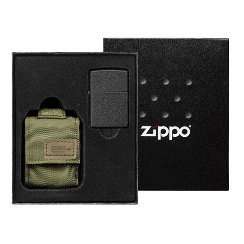 Frontansicht Geschenkset mit Deckel Zippo Feuerzeug Black Crackle mit grüner Feuerzeugtasche