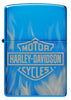Zippo Feuerzeug Frontansicht Hochglanz Blau Fotodruck mit Harley Davidson Logo umgeben von lodernden Flammen