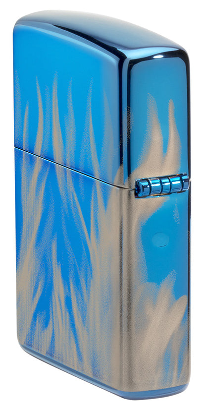 Zippo Feuerzeug Seitenansicht hinten Hochglanz Blau Fotodruck mit Harley Davidson Logo umgeben von lodernden Flammen