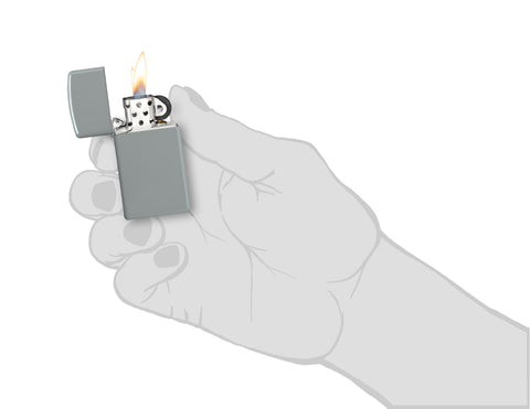Zippo Feuerzeug Slim Flat Gray Grau Matt geöffnet mit Flamme in stilisierter Hand