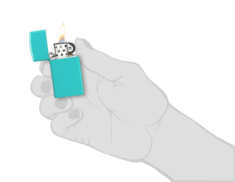 Zippo Feuerzeug Slim Flat Turquoise Basismodell geöffnet mit Flamme in stilisierter Hand