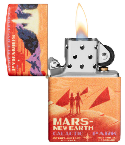 Zippo Feuerzeug 540 Grad rote Marslandschaft mit zwei Astronauten Online Only geöffnet mit Flamme