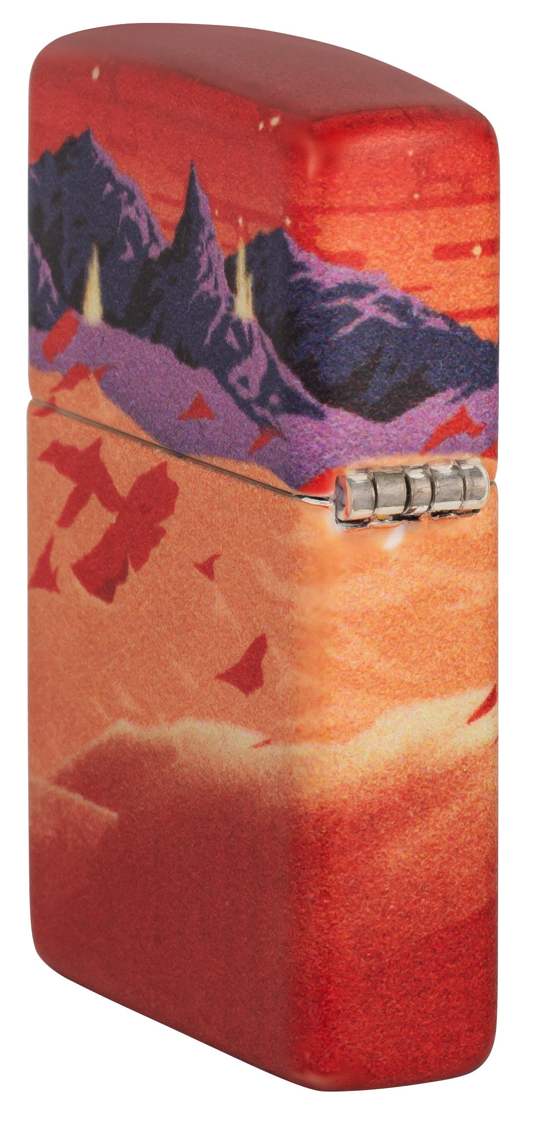 Seitenansicht hinten 3/4 Winkel Zippo Feuerzeug 540 Grad rote Marslandschaft mit zwei Astronauten Online Only