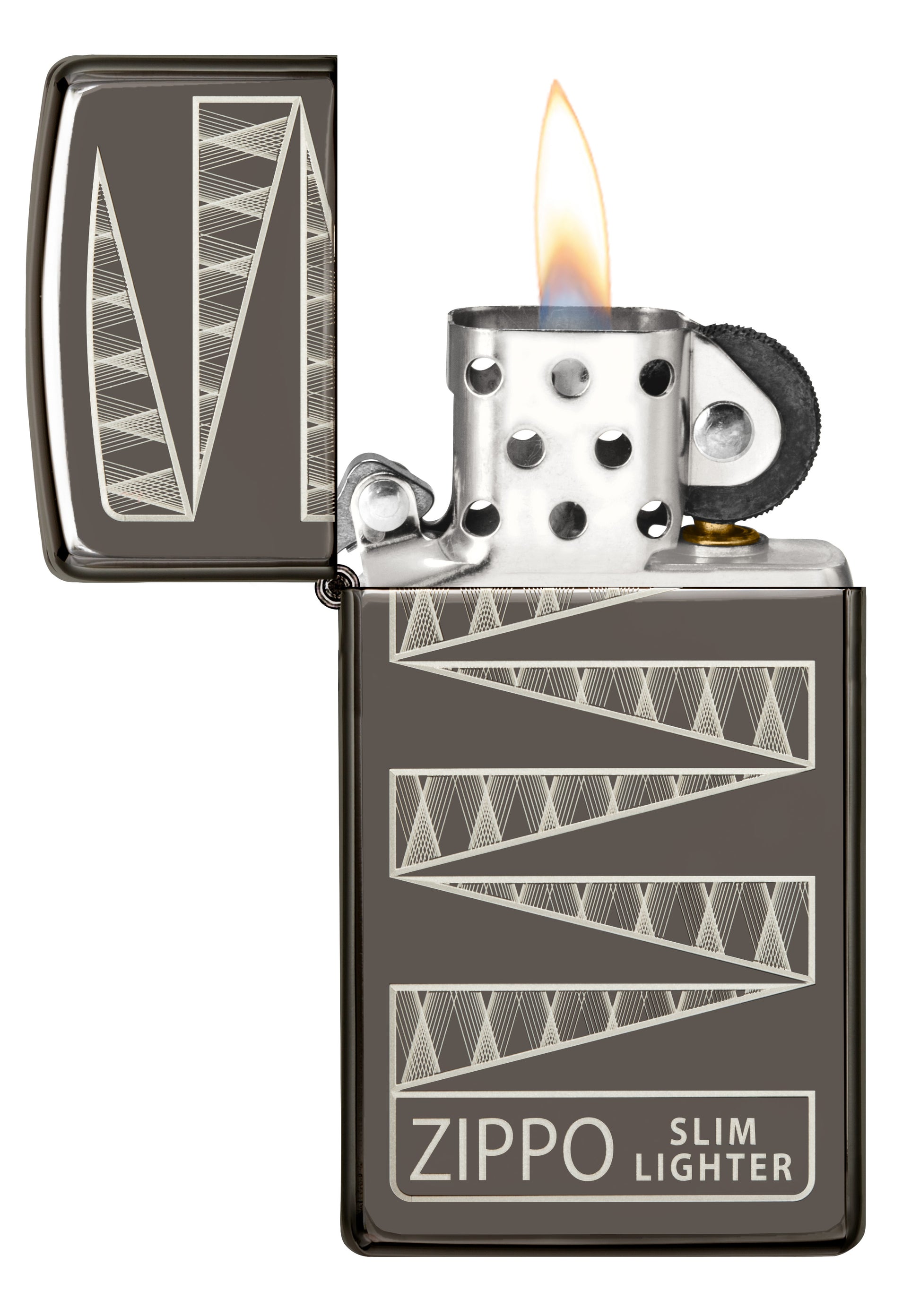 Zippo Feuerzeug 65 Jahre Slim Black Ice Limitierte Edition 65th Anniversary mit graviertem Muster geöffnet mit Flamme
