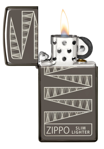 Zippo Feuerzeug 65 Jahre Slim Black Ice Limitierte Edition 65th Anniversary mit graviertem Muster geöffnet mit Flamme