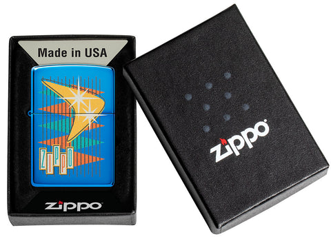Zippo Feuerzeug hochglanzblau im Retrostil mit vielen bunten Dreiecken sowie Logo in offener schwarzer Geschenkbox