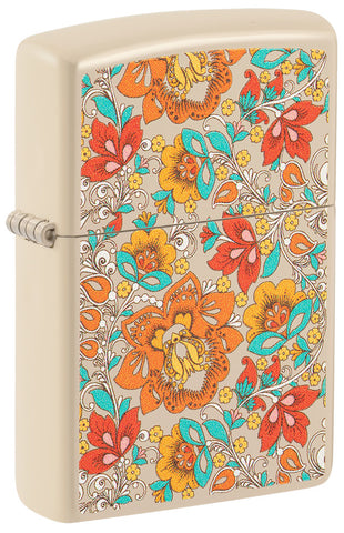 Zippo Feuerzeug Frontansicht ¾ Winkel Farbdruck sandfarben mit floralem Blumenmuster im Hippiestil