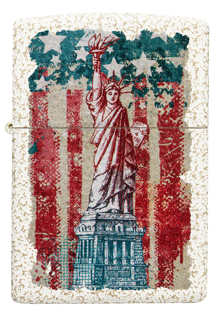 Zippo Feuerzeug Frontansicht Mercury Glass mit farbiger Abbildung der Freiheitsstatue und amerikanische Flagge im Hintergrund