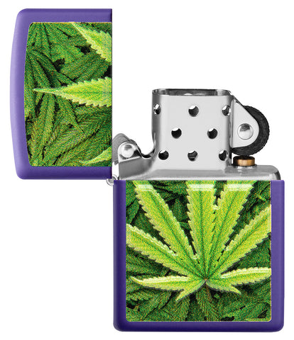 Zippo Feuerzeug Frontansicht lila matt geöffnet mit Abbildung von Cannabis Pflanzen