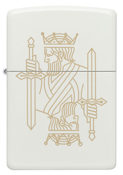 Zippo Feuerzeug Frontansicht mattweiß mit zweiseitiger Lasergravur eines Königs mit Krone sowie Schwert