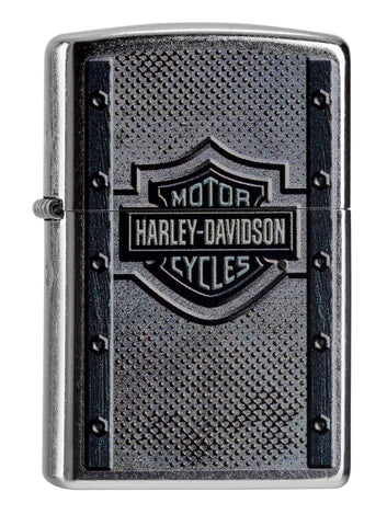Frontansicht 3/4 Winkel Zippo Feuerzeug chrom Harley-Davidson Logo auf stilisierter Metallplatte