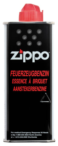 Zippo Feuerzeugbenzin Metallflasche Frontansicht mit Sicherheitsverschluss und 125ml Inhalt