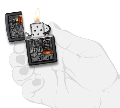 Zippo Feuerzeug schwarz mit Jack Daniel's Flasche geöffnet mit Flamme in stilisierter Hand