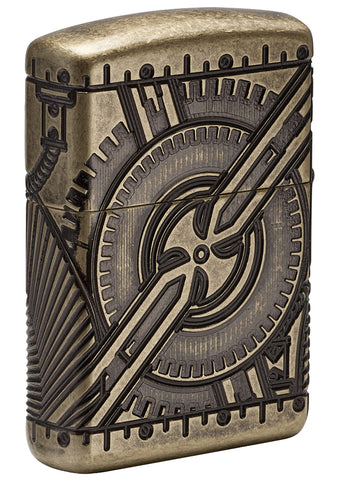Rückseite Zippo Feuerzeug Messing antik mit tief eingravierten mechanischen Elementen