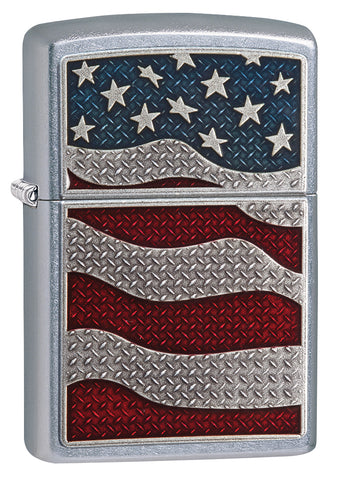 Frontansicht Zippo Feuerzeug chrom mit US Flagge als Emblem