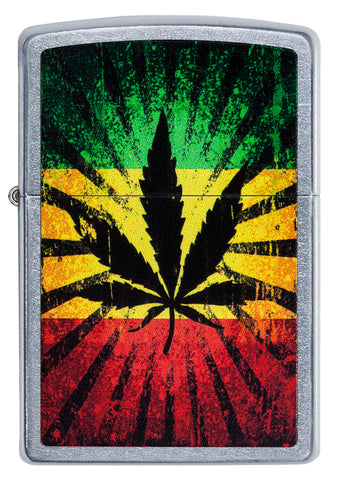 Frontansicht  Zippo Feuerzeug chrom mit Hanfblatt auf Jamaikafarben Hintergrund