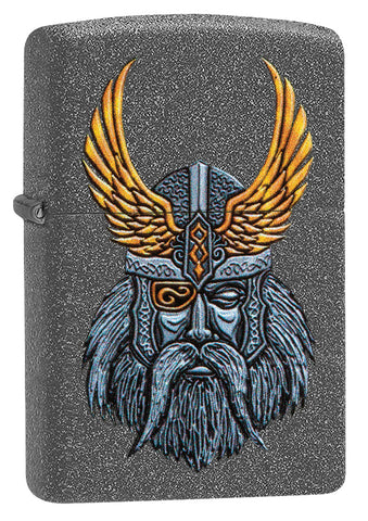 Frontansicht 3/4 Winkel Zippo Feuerzeug grau mit dem Kopf von Göttervater Odin