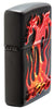 Seitenansicht Front Zippo Feuerzeug Drache aus rot-gelben Flammen bestehend mit retro Zippo Logo darunter