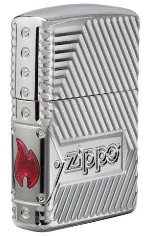 Rückansicht 3/4 Winkel Zippo Feuerzeug mit tief eingravierten Linien und Zippo Logo