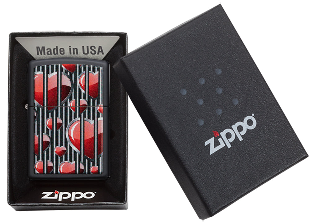 Zippo Feuerzeug schwarz Herzen hinter Gittern in offener Box