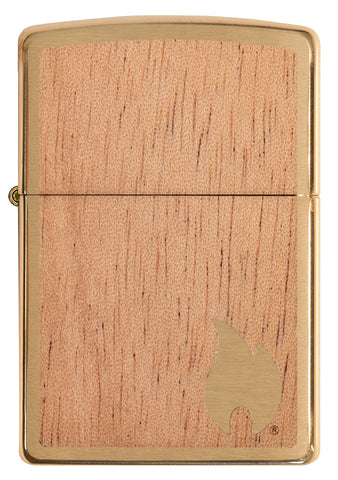Frontansicht Zippo Woodchuck Mahagoni Holz mit kleiner goldfarbenen Zippo Flamme in unterer rechter Ecke