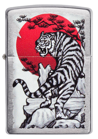 Zippo Feuerzeug chrom mit asiatischem Tiger vor roter Sonne 