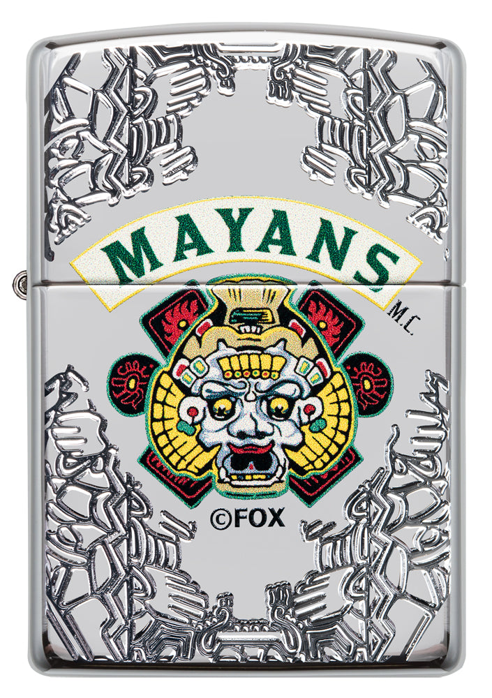 Frontansicht Zippo Feuerzeug chrom mit tiefen Gravuren Mayans M.C.