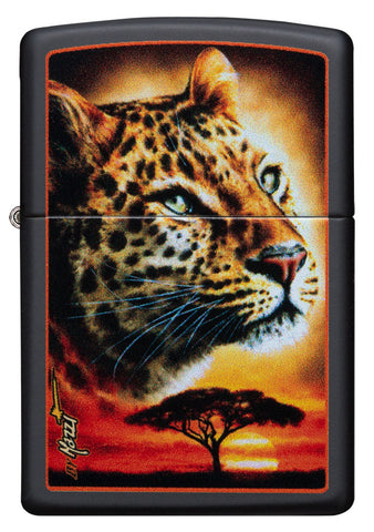 Frontansicht  Zippo Feuerzeug schwarz mit Steppe und Leopardenkopf im Vordergrund