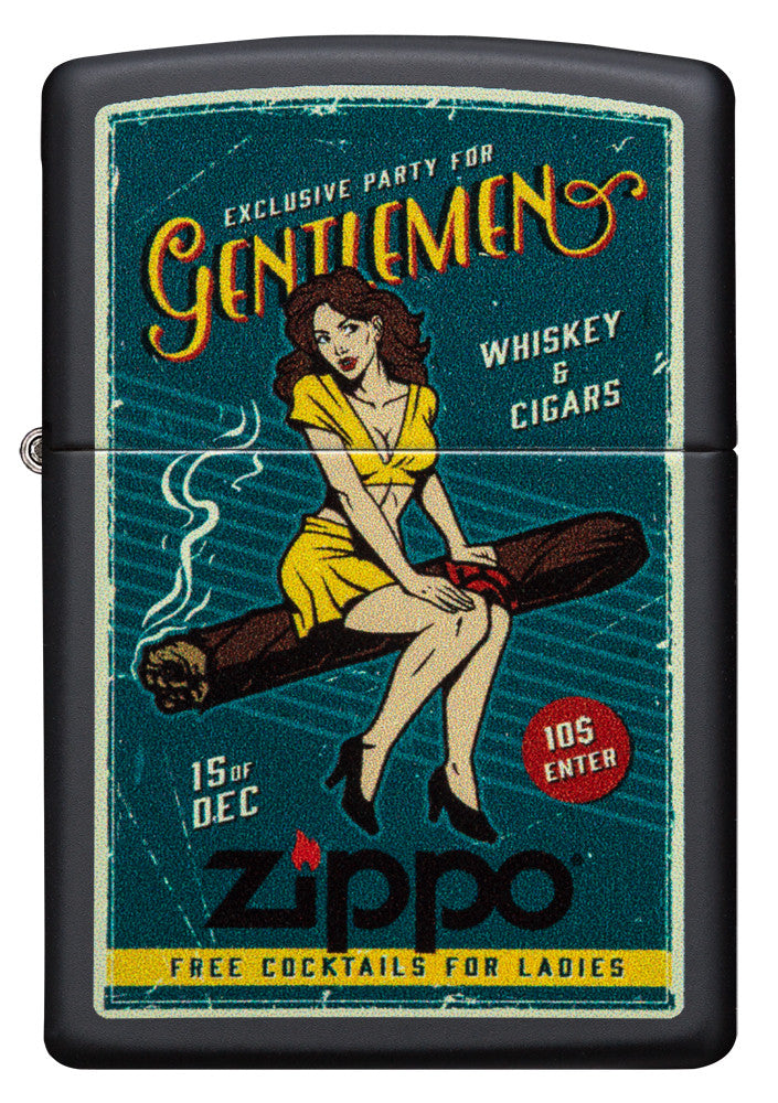 Zippo Feuerzeug Frontansicht schwarz matt mit Abbildung von Frau auf Zigarre sitzend im Retro Stil