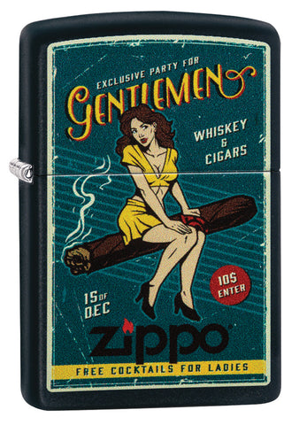 Zippo Feuerzeug Frontansicht ¾ Winkel schwarz matt mit Abbildung von Frau auf Zigarre sitzend im Retro Stil