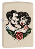 Frontansicht 3/4 Winkel Zippo Feuerzeug Cream Matte mit Tattoo Optik Mann und Frau 
