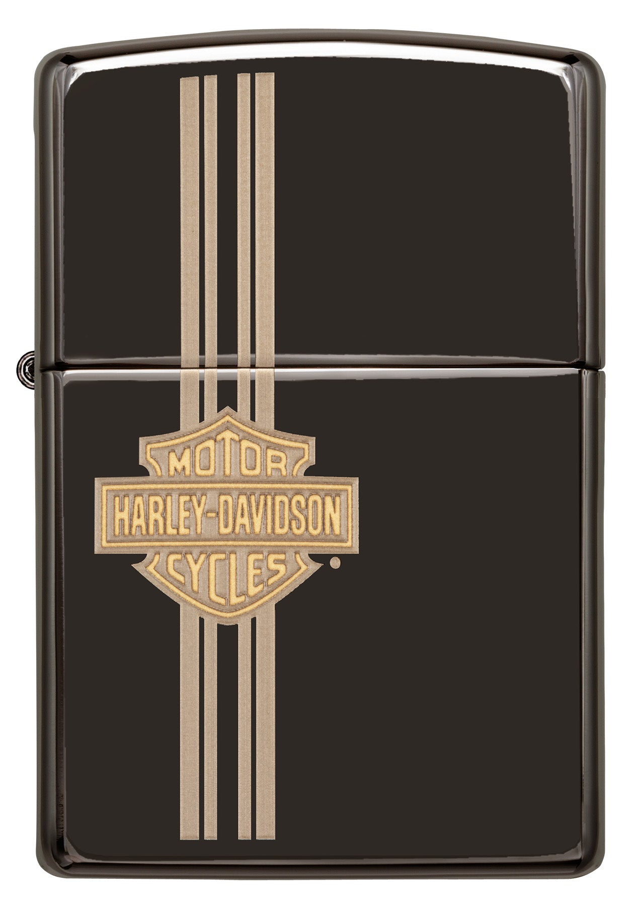 Frontansicht Zippo Feuerzeug schwarz Hochglanz Kleines Harley Davidson Logo graviert
