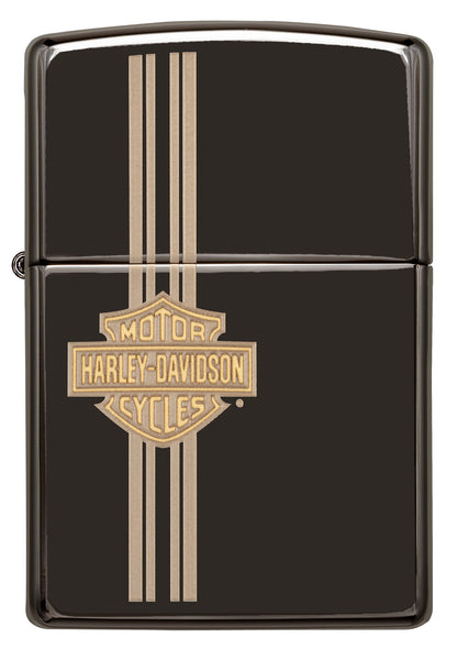 Frontansicht Zippo Feuerzeug schwarz Hochglanz Kleines Harley Davidson Logo graviert