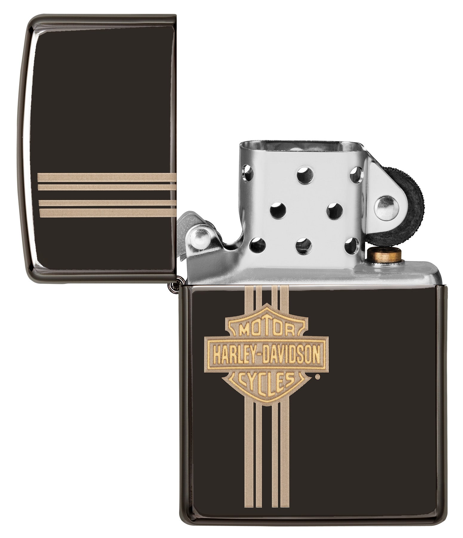 Zippo Feuerzeug schwarz Hochglanz Kleines Harley Davidson Logo graviert geöffnet