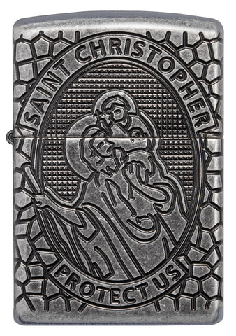 Zippo Armor® Feuerzeug Frontansicht in chrom antik mit Sankt Christopherus Abbildung tief eingraviert in ovaler Form umgeben von Wabenmuster
