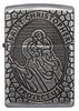 Zippo Armor® Feuerzeug Frontansicht in chrom antik mit Sankt Christopherus Abbildung tief eingraviert in ovaler Form umgeben von Wabenmuster