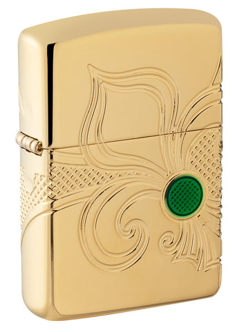 Frontansicht 3/4 Winkel Zippo Feuerzeug Messing hochglanz tief gravierte Fleur de Lis Lilie