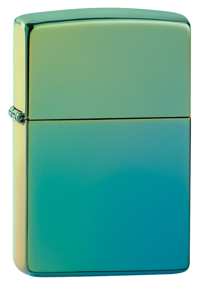 Frontansicht 3/4 Winkel Zippo Feuerzeug Hochglanz grün blau
