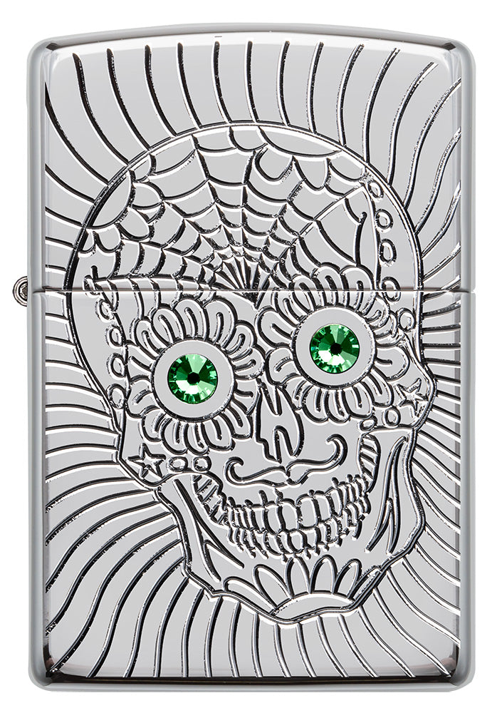 Frontansicht Zippo Feuerzeug mit tief eingraviertem Totenkopf mit Augen aus Kristall Elementen
