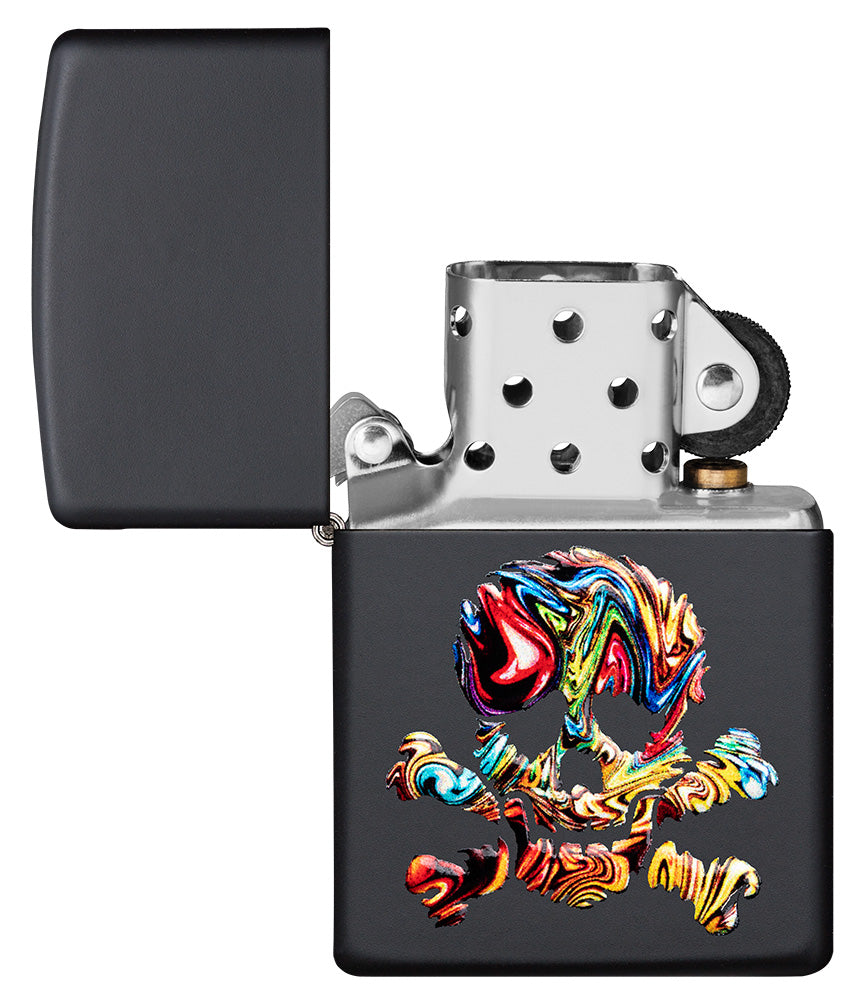 Zippo Feuerzeug schwarz matt mit buntem Totenkopf geöffnet