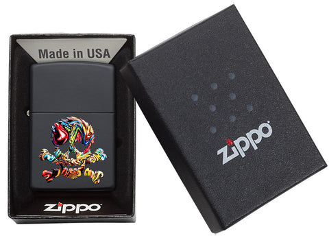 Zippo Feuerzeug schwarz matt mit buntem Totenkopf in offenem Karton