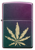 Zippo Feuerzeug Frontansicht in türkis und lila Irisierend mit Hanfblatt Lasergravur
