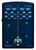 Zippo Feuerzeug Frontansicht in dunkelblau mit Retro Motiv Computerspiel Raumschiff gegen Außerirdische