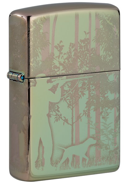 Vue de trois quarts du briquet tempête Zippo Hunting Design
