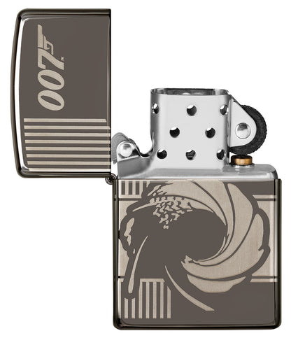 Frontansicht  Zippo Feuerzeug grau glänzend James Bond 007 geöffnet
