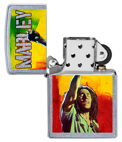 Zippo Feuerzeug Frontansicht verchromt geöffnet mit farbiger Abbildung von Bob Marley mit erhobener Faust