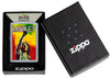 Zippo Feuerzeug Frontansicht verchromt mit farbiger Abbildung von Bob Marley mit erhobener Faust in offener Box