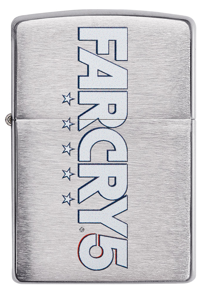 Frontansicht Zippo Feuerzeug Chrom gebürstet mit FarCry5 Aufdruck