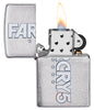 Zippo Feuerzeug Chrom gebürstet mit FarCry5 Aufdruck geöffnet mit Flamme